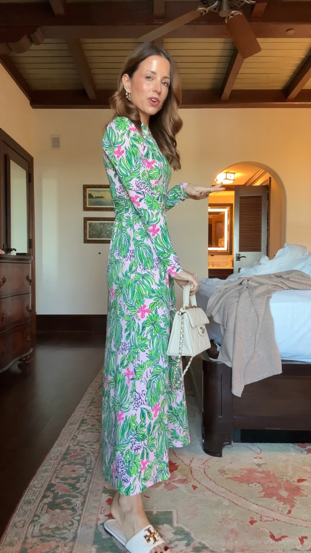 Resort wear. Coastal dress. Lilly Pulitzer midi dress in 00 - it’s a maxi length on me. Vacation outfit. Vacation dress. Resort dress. Vacation dress. Tory Burch Eleanor slides - I went up half a size. 

#LTKgrwm #LTKTravel #LTKootd
