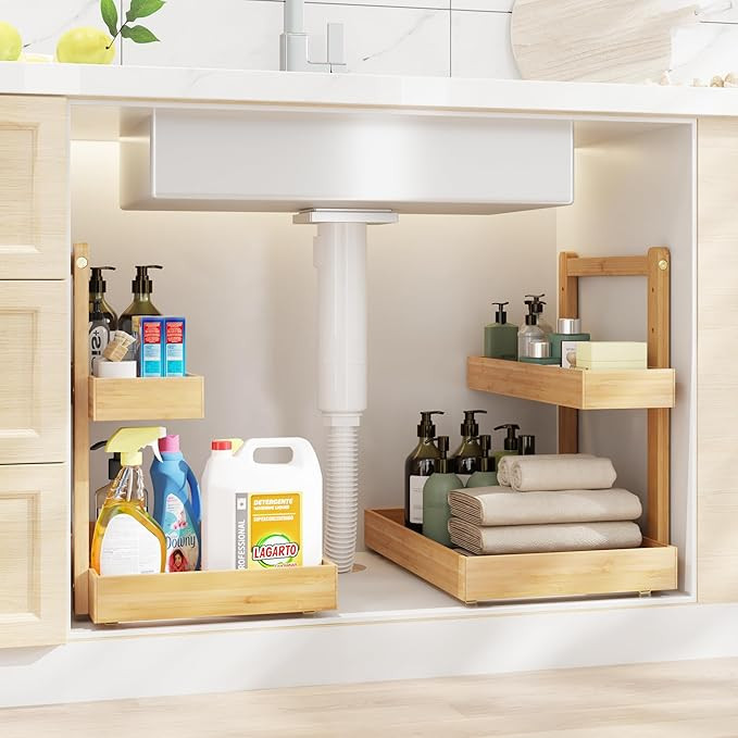 Bamboo Under Sink Organizer and Storage, 2 Tier Pull Out Cabinet Organizer, Slide Out Under Sink ... | Amazon (US)