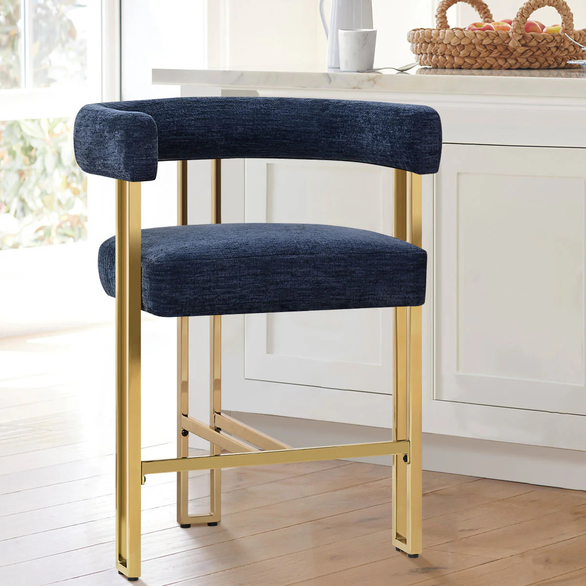 Mia 24" Modern Gold Chenille Counter Stool with Arms (Set of 3) | Pop Maison