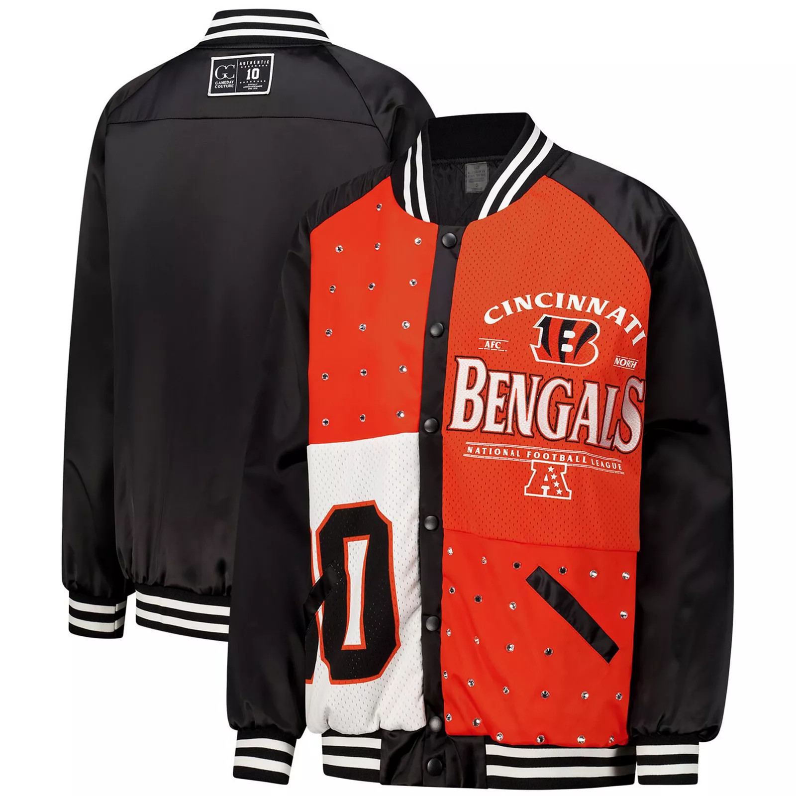 Women's Gameday Couture Black/Orange Cincinnati Bengals Oversized Hot Shot Rhinestone Throwback Full-Snap Varsity Bomber Jacket, Size: Small | Kohl's