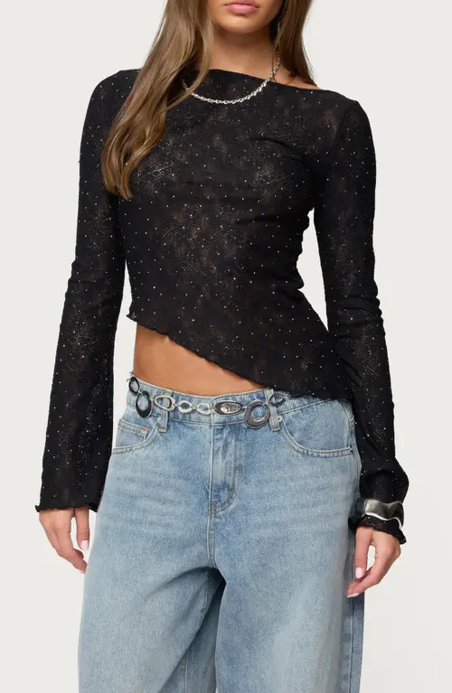 EDIKTED Mare Rhinestone Asymmetric Sheer Lace Top in Black at Nordstrom, Size Medium | Nordstrom