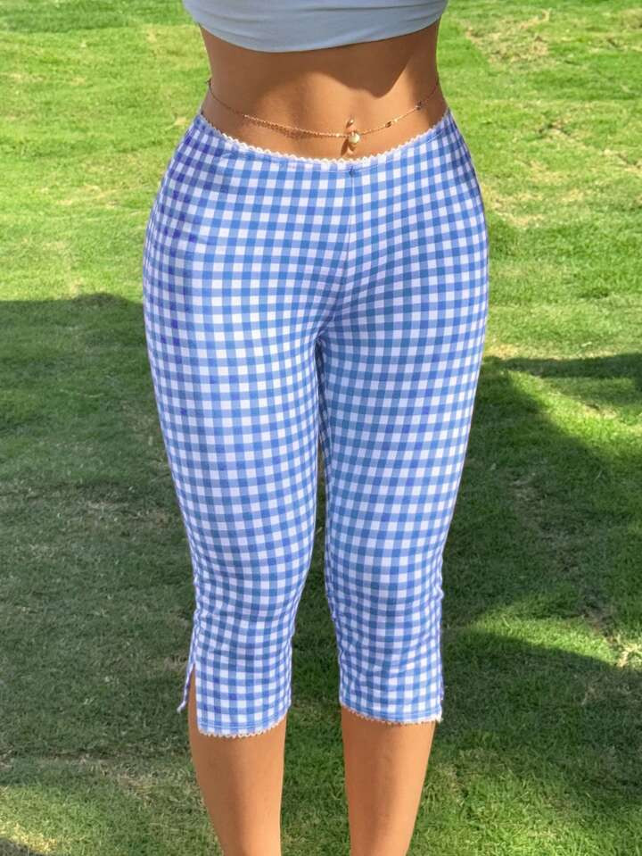 Muchica Women's Blue Plaid Knitted Elastic Leggings | SHEIN