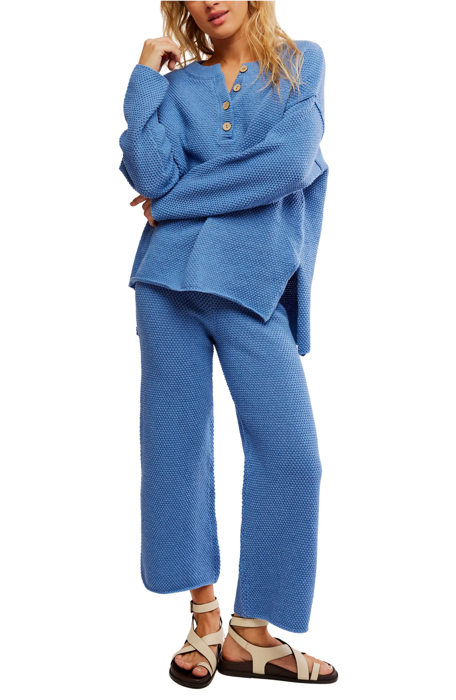 free-est Hailee Waffle Stitch Long Sleeve Top & Wide Leg Pants Knit Set | Nordstrom