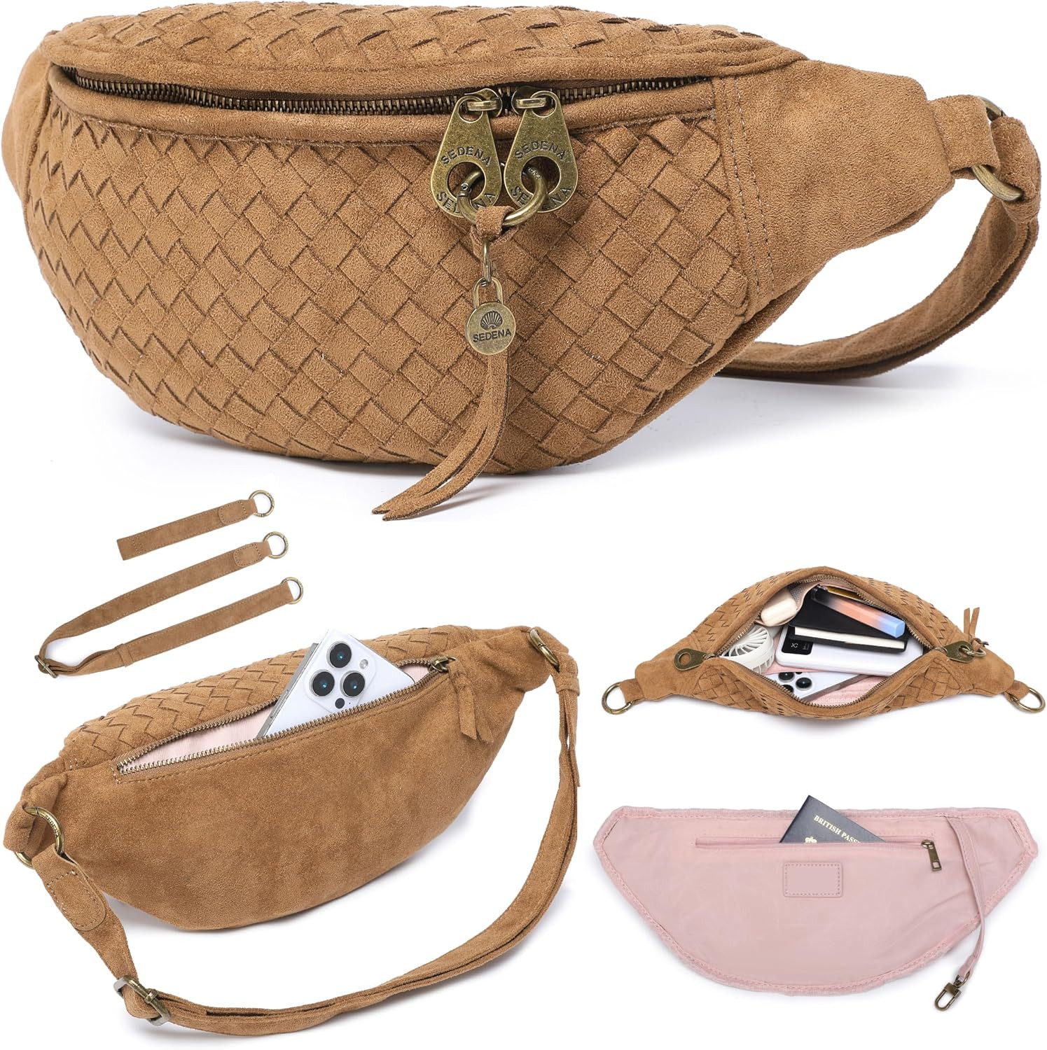 Woven Anti-Pickpocket Crossbody Bag for Women, Vegan Suede Travel Purse with RFID Pocket, Phone Pocket, Adjustable Strap and Extender, Hands-Free Sling Bag for Everyday and Travel, Brown | Amazon (US)