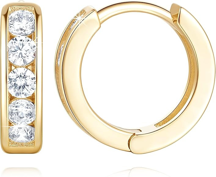 14K Gold Huggie Hoop Earrings Small Gold Hoop Earrings Hoop Earrings with Round Cubic Zirconia 12... | Amazon (US)