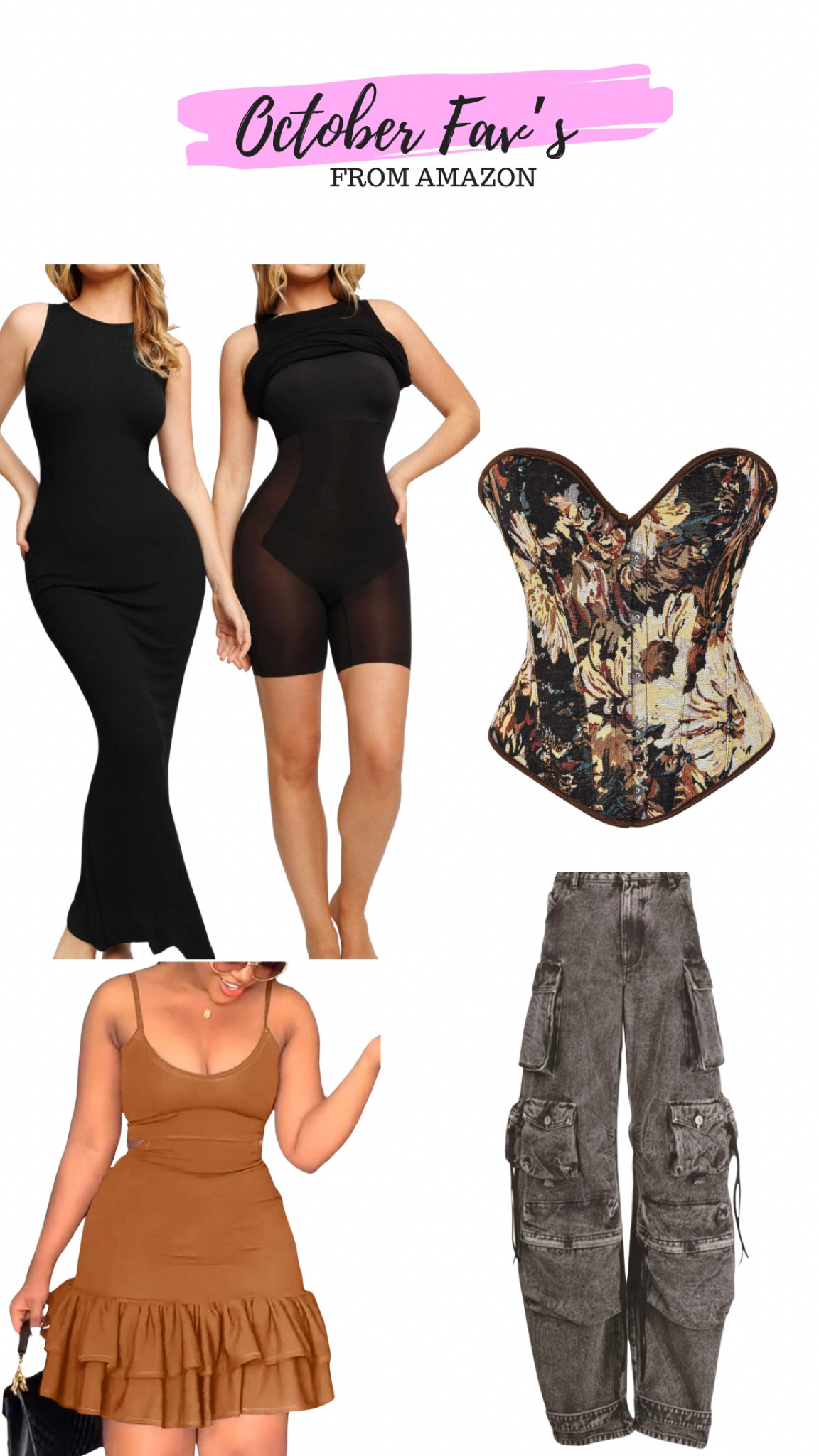Amazon October favs, shapewear dress, maxi dress, brown mini dress, cargo jeans, black cargos, corset, brown corset, mini dress, dress with shapewear built in, fall trends, fall fashion, cargos 

#LTKstyletip #LTKSeasonal #LTKfindsunder50