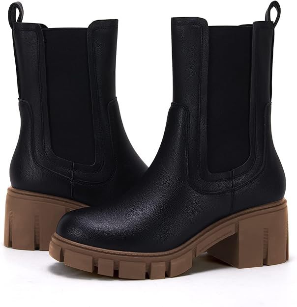 TINSTREE Women's Lug Sole Platform Boots Mid Calf Elastic Chunky Block Heel Leather Chelsea Booti... | Amazon (CA)