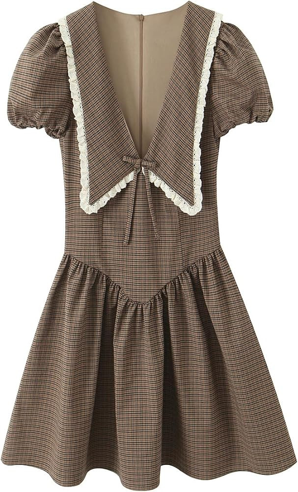 efvandoloe Women Turn-Down V-Neck A-line Dress Puff Sleeve Spliced Plaid Mini Dresses | Amazon (US)
