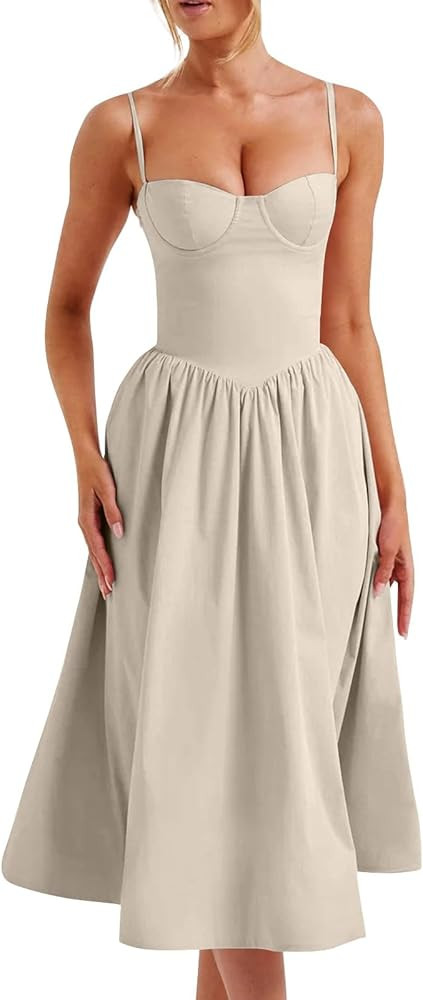 Midi Corset Dress for Women 2024 Elegant Spaghetti Strap Sleeveless Dress Flowy Pleated Hem Low C... | Amazon (US)