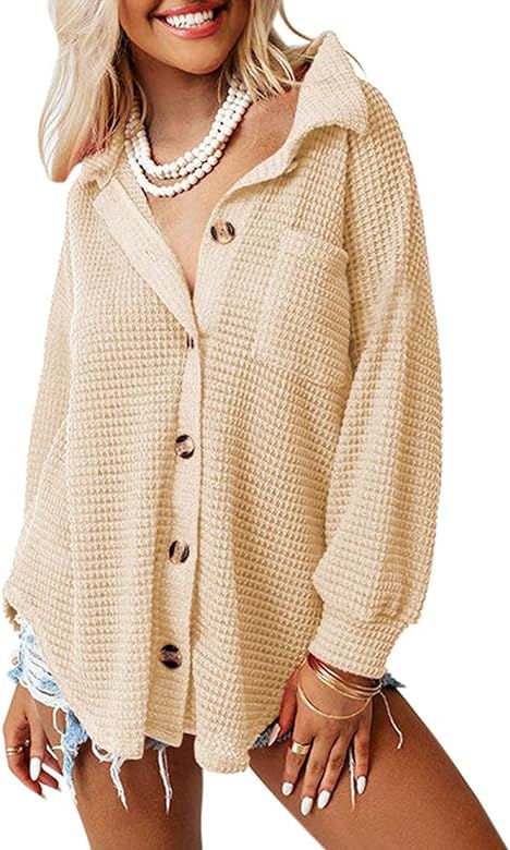 Dokotoo Womens Waffle Knit Shacket Jacket Casual Long Sleeve Button Down Shirts Dressy Blouses To... | Amazon (US)