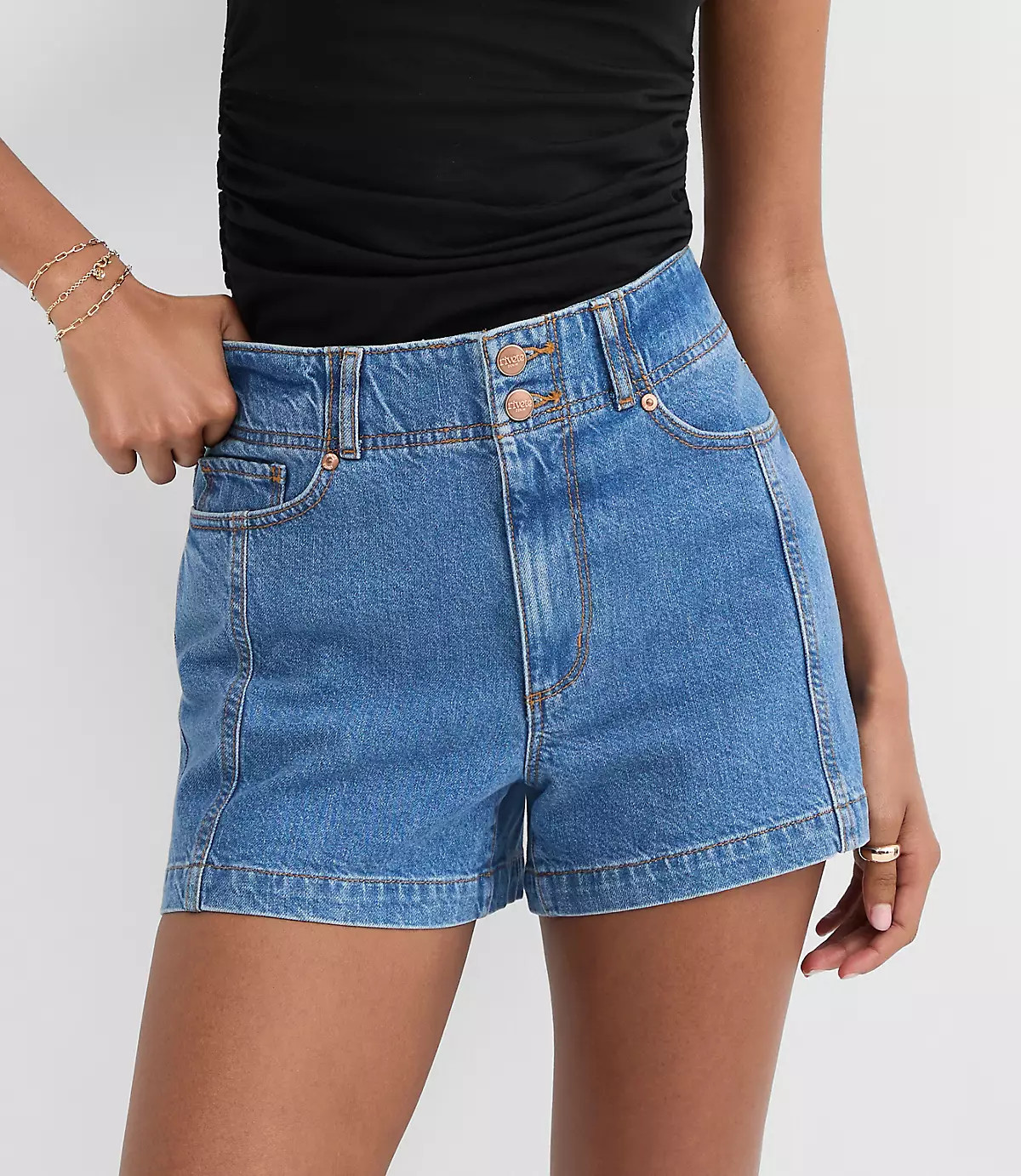 Rivete Seamed High Rise Denim Shorts in Dark Wash | LOFT
