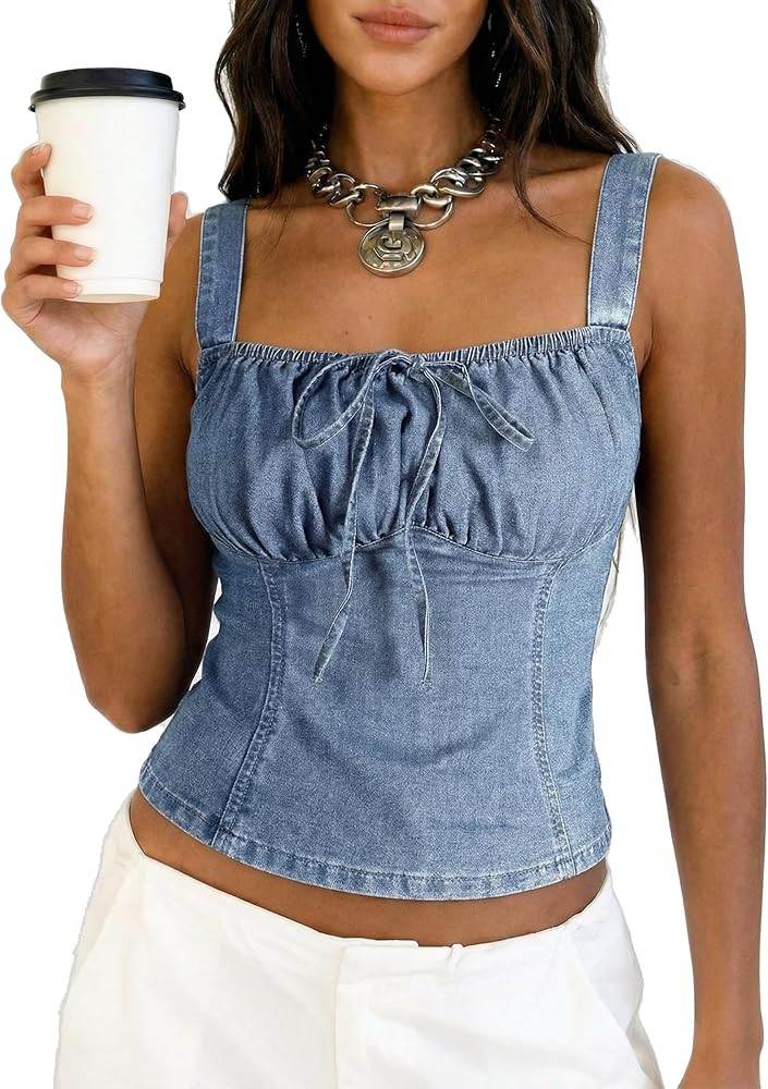 Denim Corset Tops for Women Jean Vest Smocked Back Front Bow Square Neck Tank Crop Top Country Co... | Amazon (US)