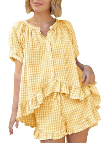 Kissonic Women Gingham 2 Piece Pajama Sets Cotton Pj Short Sleeve Rluffle Babydoll Shirt Shorts S... | Amazon (US)