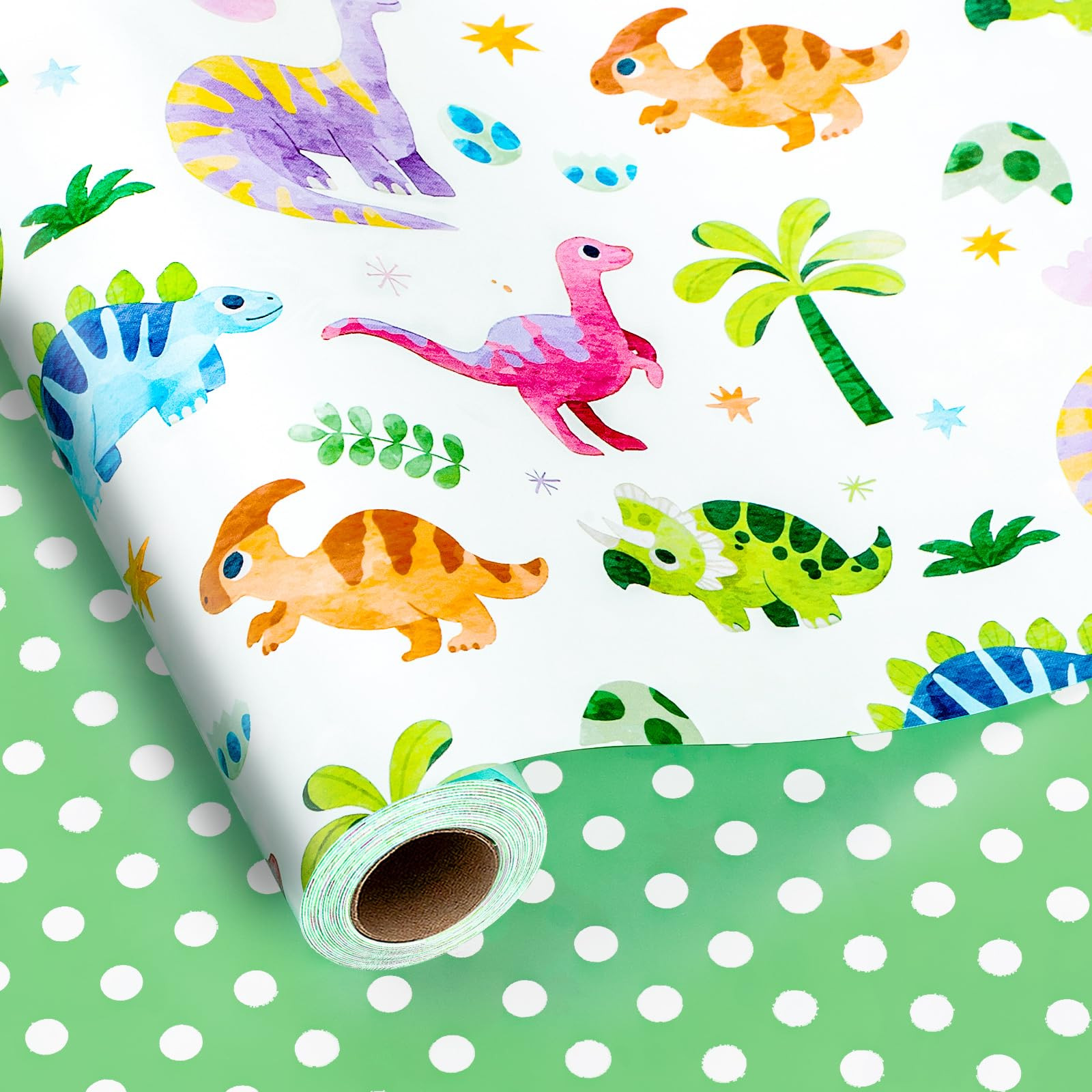 Yarcony Dinosaur Wrapping Paper Roll, Boy Birthday Gift Wrapping Paper, Cute Watercolor Dino Them... | Amazon (US)
