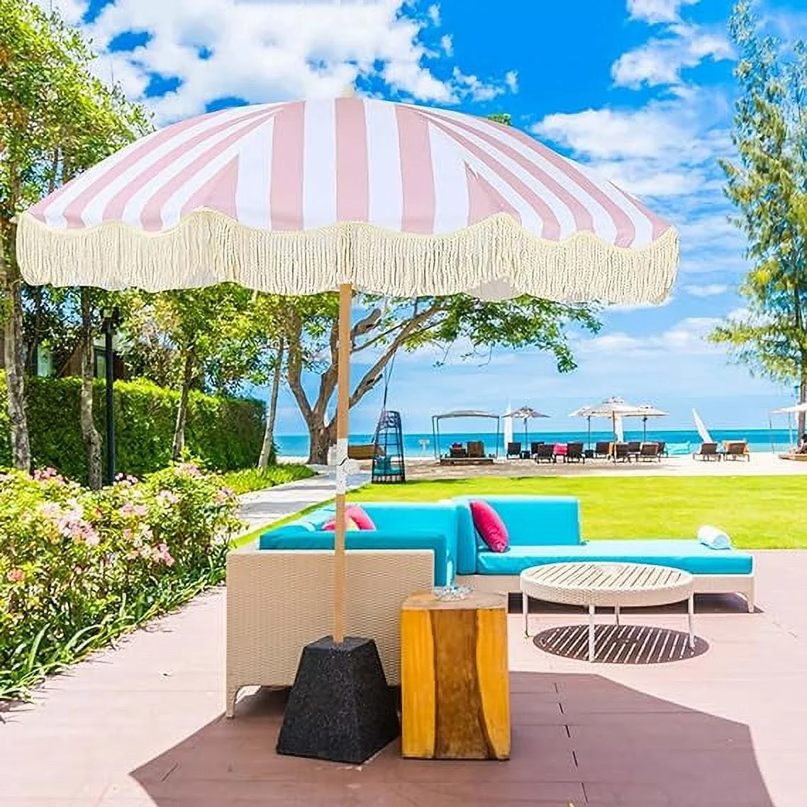 Boho 6ft Pink Stripe Round Patio Beach Umbrella, UPF 50+, Fringe, Adjustable Tilt, Waterproof - W... | Walmart (US)