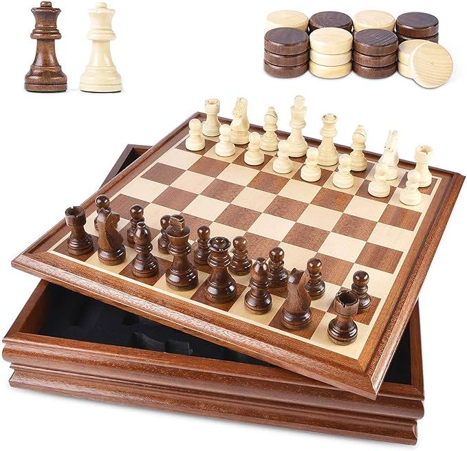 Chess and Checkers Board Game Sets for Adults Wooden Deluxe 15 inch Wood Board Box with Storage, ... | Amazon (US)