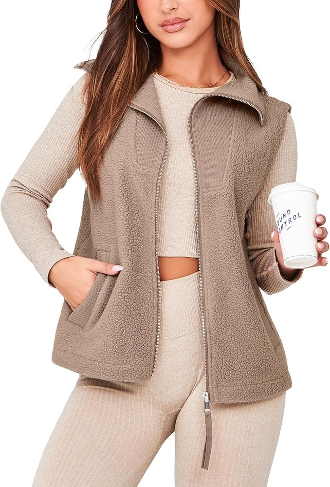 Glamaker Womens Fleece Vest Top Sleeveless Fuzzy Zip Up V Neck Sherpa Jacket Casual Outwear with ... | Amazon (US)