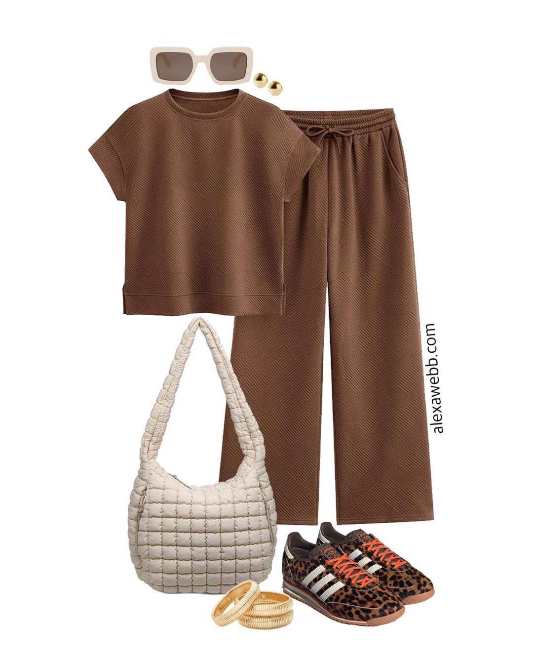Plus Size Brown Matching Set Outfit - A plus size casual outfit idea with an athleisure vibe. A plus size matching set in brown is paired with adidas leopard sneakers with a quilted hobo bag. So cute for transitioning into fall. Top with a denim jacket as needed. Alexa Webb #plussize

#LTKPlusSize #LTKStyleTip #LTKOver40