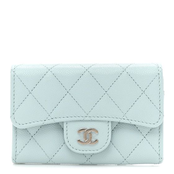Caviar Quilted Flap Card Holder Wallet Light Blue | FASHIONPHILE (US)