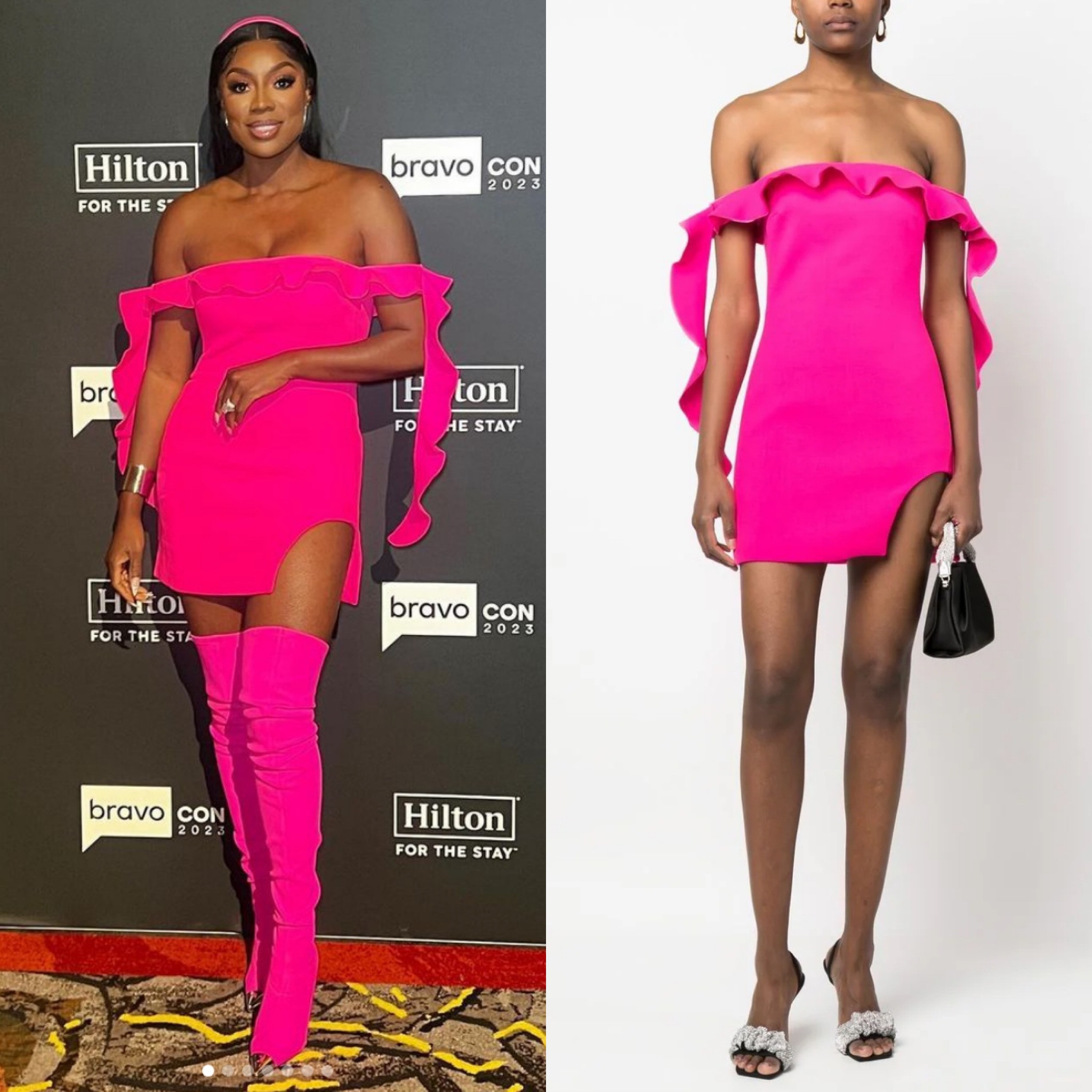 Wendy Osefo’s Pink Ruffle Off The Shoulder Dress at #BravoCon2023 📸= @wendyosefo 