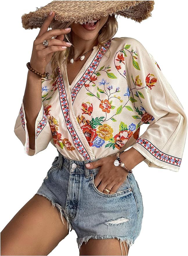 OYOANGLE Women's Casual Bodysuit Wrap V Neck Floral Print 3/4 Short Sleeve Bodysuit | Amazon (US)