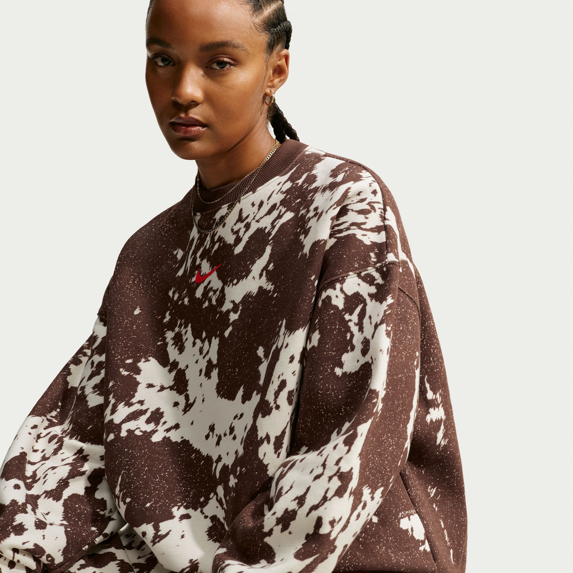 Nike Women's Studio Fleece Medium Weight Oversized Cow Print Crew, Cacao Wow | DICK'S Sporting Goods