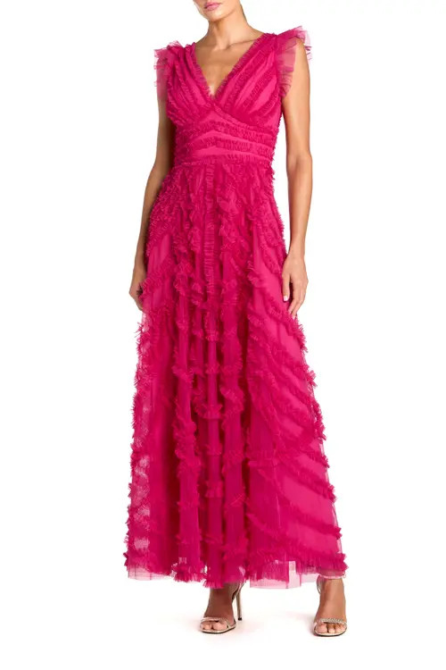 Mac Duggal V-Neck Cap Sleeve Ruffle Maxi Dress in Fuchsia at Nordstrom, Size 14 | Nordstrom