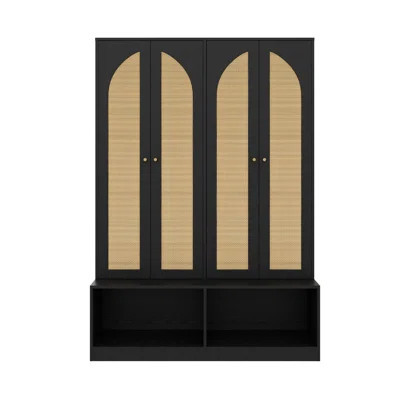 Farmhouse Widen Hall Tree with 4 Rattan Doors, Versatile 4-In-1 Seating Bench with 6 Hooks, Mid-Century Entryway Shoe Cabinet with Adjustable Shelf fo | Wayfair North America