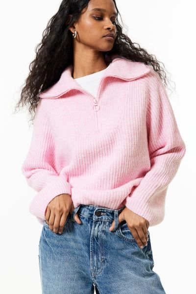 Oversized Half-zip Sweater - Light pink - Ladies | H&M US | H&M (US + CA)