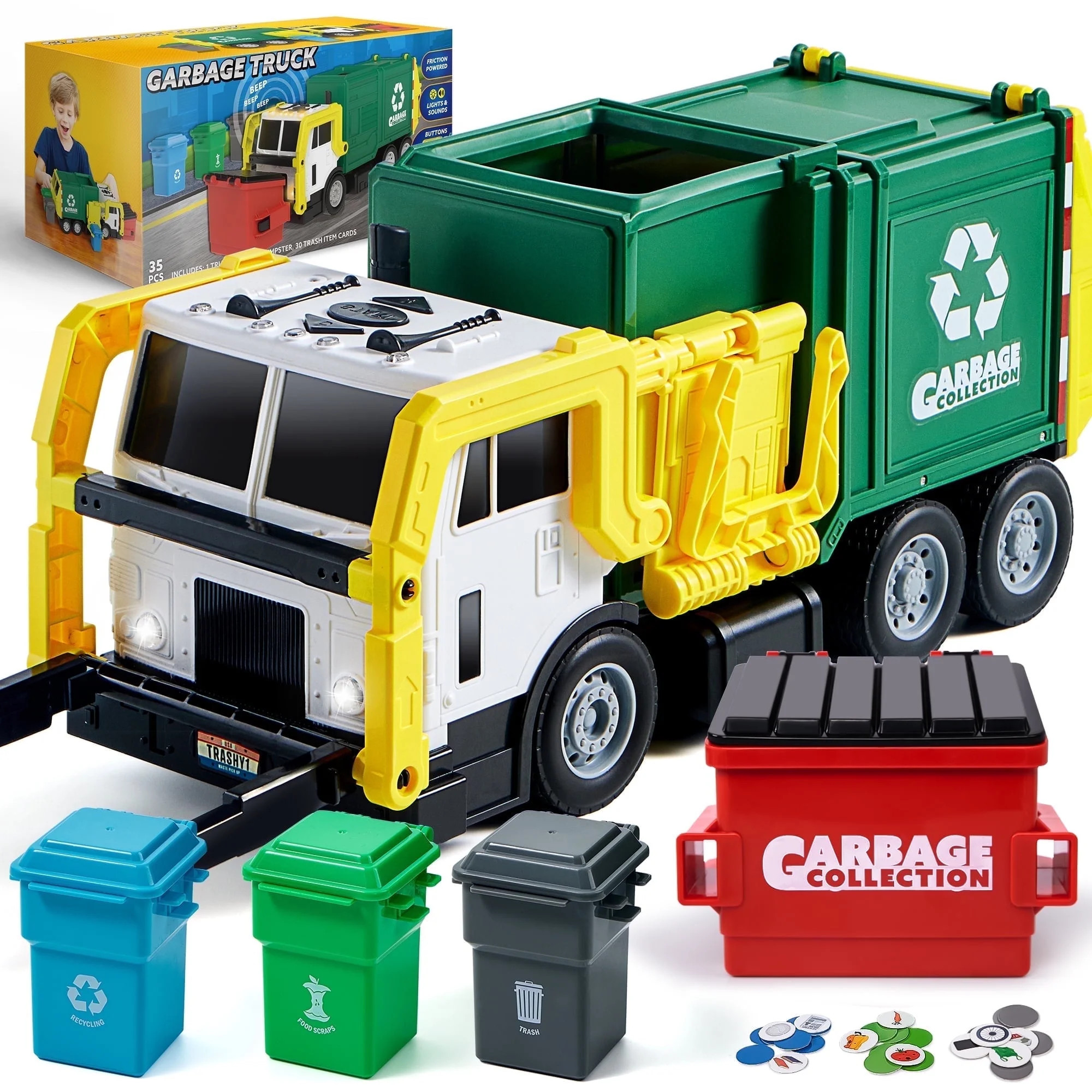 Joyfy 16" Lights and Sounds Large Garbage Truck Toys for Boys, Realistic Trash Truck Toy with Tra... | Walmart (US)