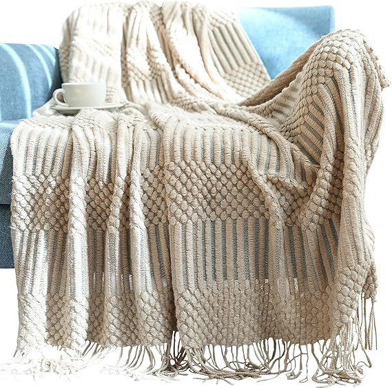 Avitalk Stylish Knitted Blanket with Tassels Soft Cozy Blanket Throws for Sofa Bed Khaki Size M | Amazon (CA)