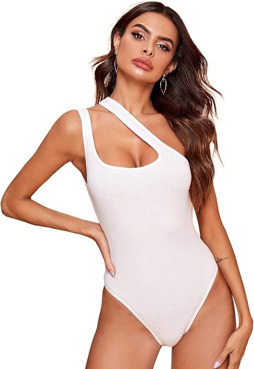 Verdusa Women's Sexy One Shoulder Sleeveless Cut Out Solid Skinny Bodysuit | Amazon (US)