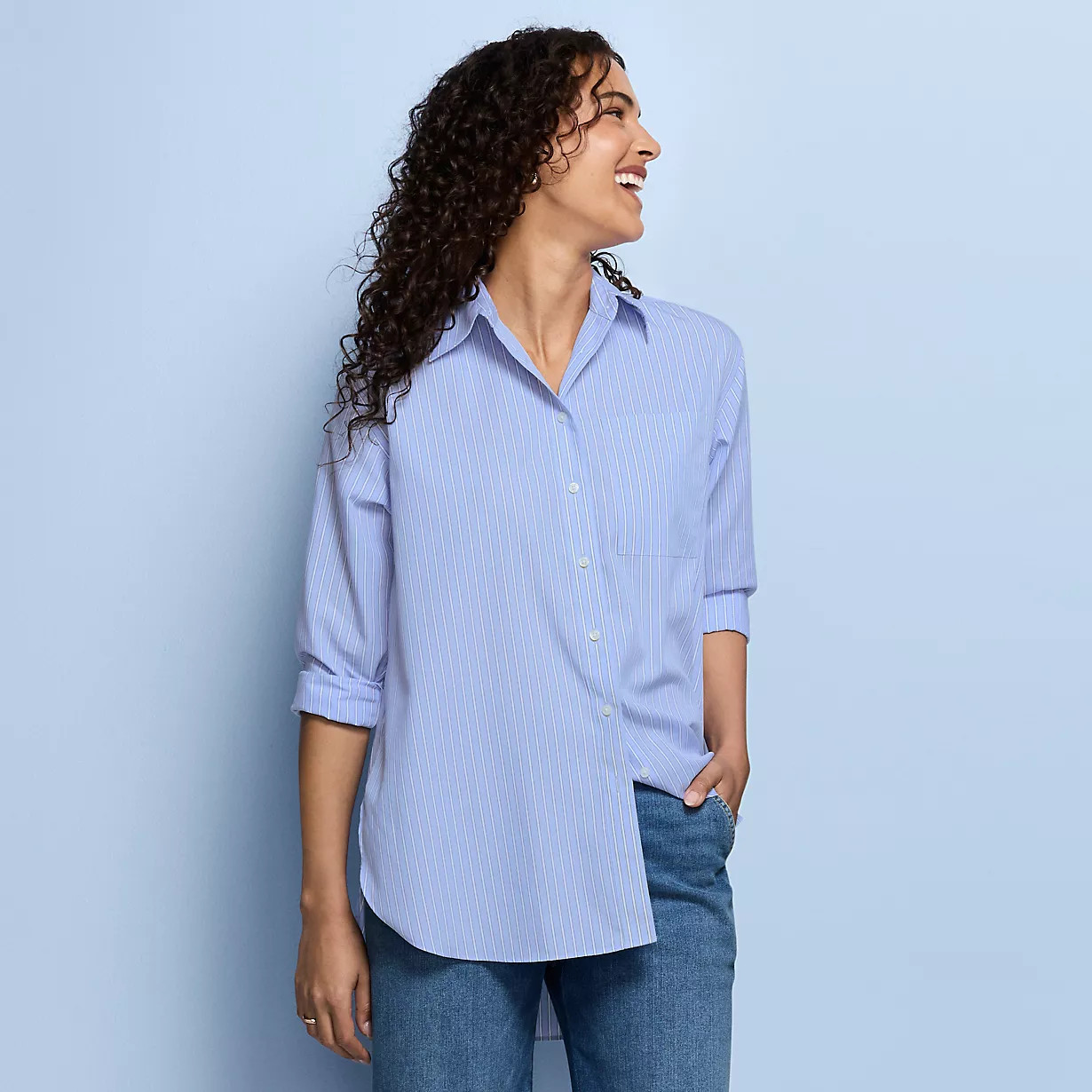 Women's Oversized No Iron Tunic with Statement Collar Shirt | Lands' End (US)