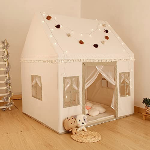 Large Kids Play Tent, Play House Tents for Toddlers 3-12 Years Old, Girls Boys Play Tents with Non-Slip Mat, Tassel Garland and Star Lights, White 47" x 40" x 52" | Amazon (US)