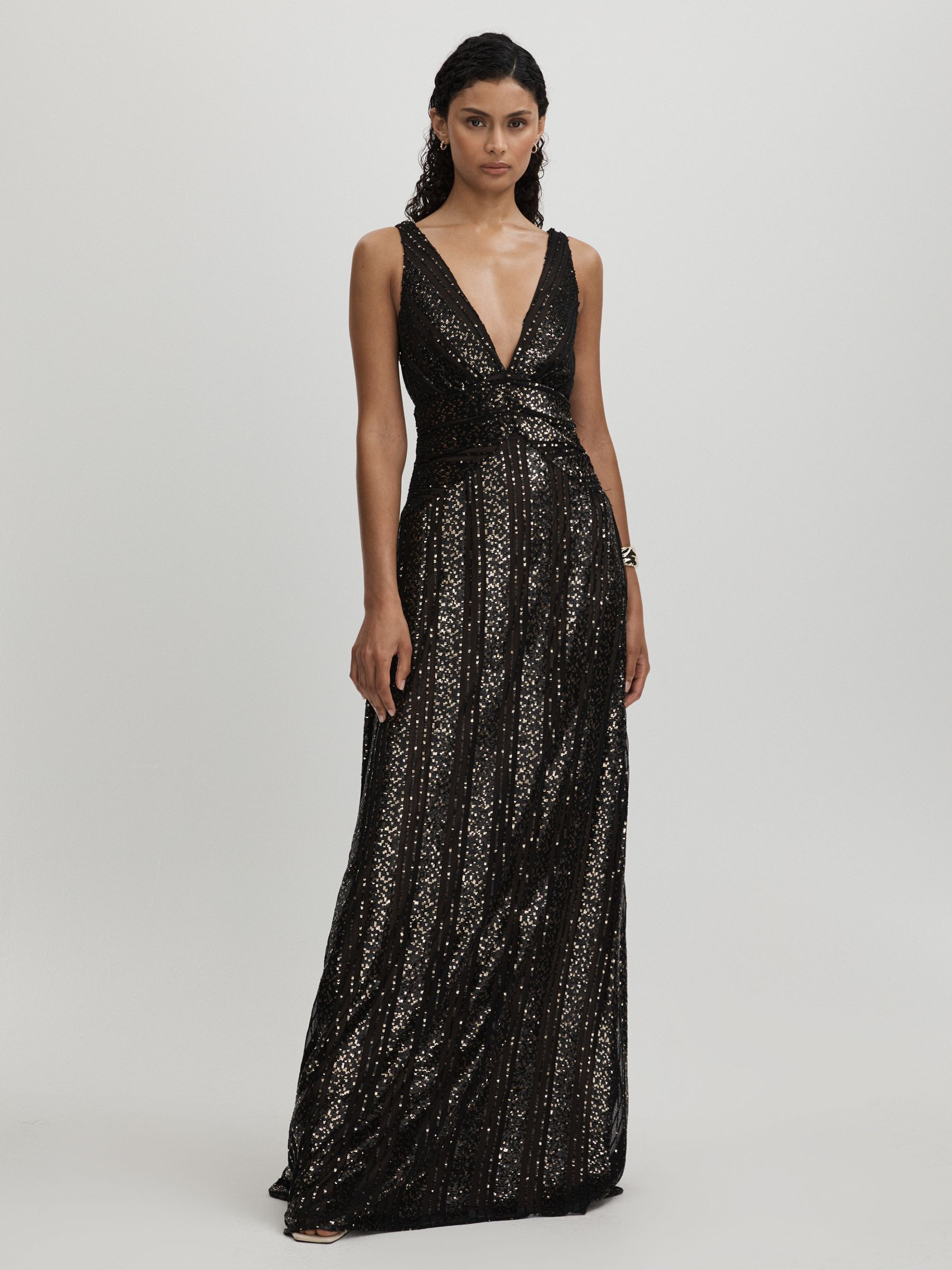 Halston Plunge Neck Sequin Maxi Dress in Black | Reiss UK