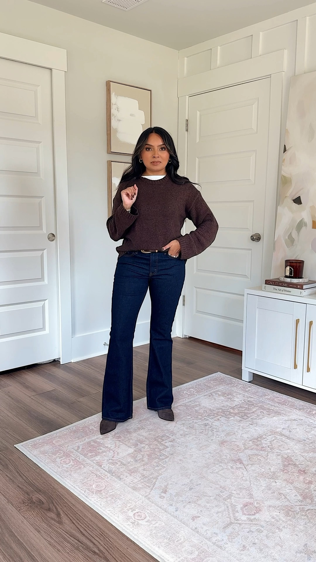 STACKABLE CODE: code AFLTK for 25% off on top of their current sale!
Green grape leaf color trench coat size xs petite TTS
White tank size xs TTS
Brown dark coffee sweater size xxs TTS
Brown and gold belt size xs TTS - I use the last hole on this belt so size up if you want more room!
Mid rise bootcut jean in dark rinse color size 26 short TTS
Dark brown boots size 5.5 TTS


#LTKPetite #LTKSaleAlert #LTKFallSale