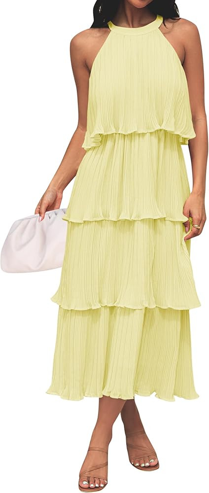 ZESICA Women's 2026 Summer Sleeveless Halter Neck Ruffle Tiered Layed Chiffon Flowy Swing Long Mi... | Amazon (US)