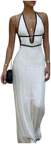 GORGLITTER Women's Deep V Halter Knit Boho Maxi Dress Backless Crochet Birthday Fall Wedding Gues... | Amazon (US)