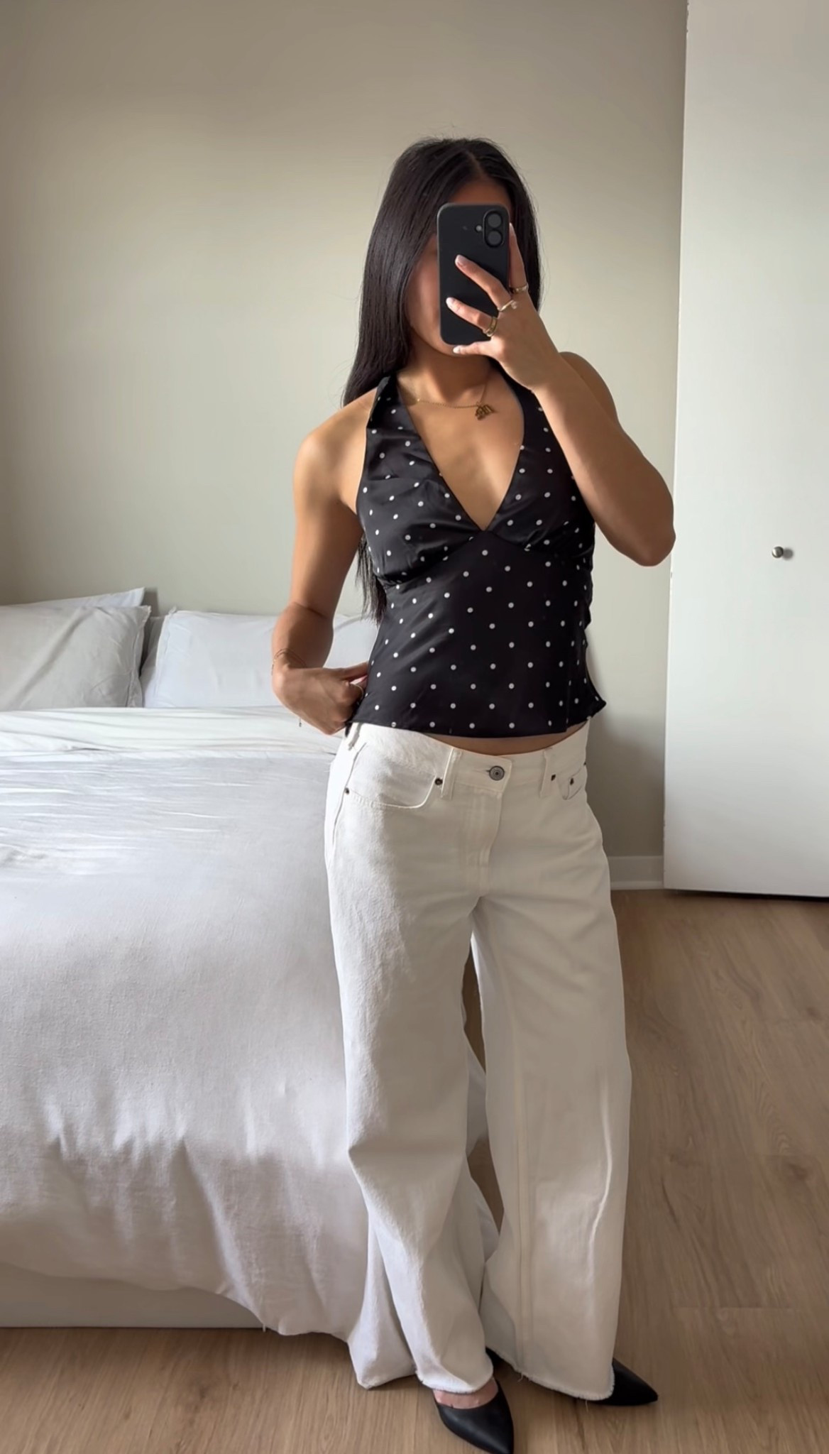 Polka dots! Wearing xs top and 24 jeans, top is Nia from Revolve currently out of stock but linked similar