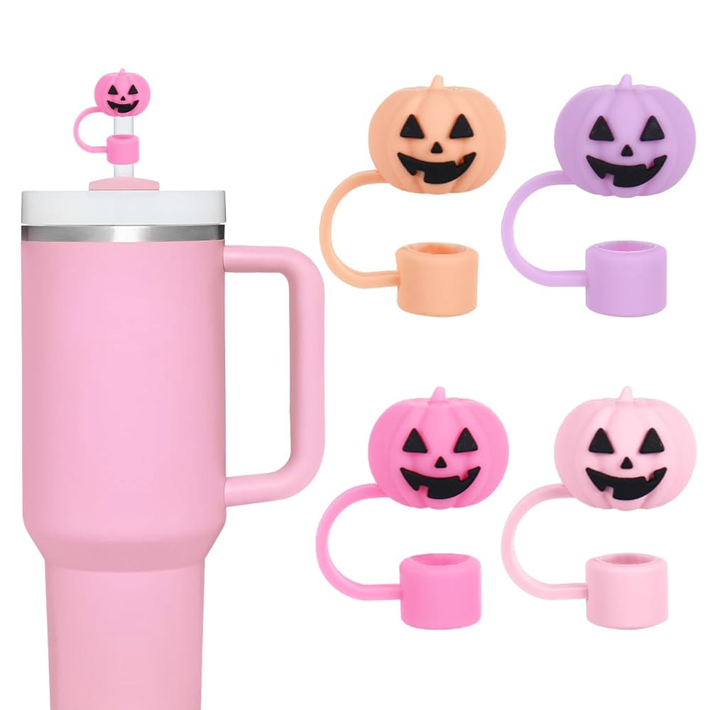 Whaline 4 Pcs Halloween Straw Cover Cap Purple Orange Pink Pumpkin Reusable Silicone Straws Toppe... | Amazon (US)