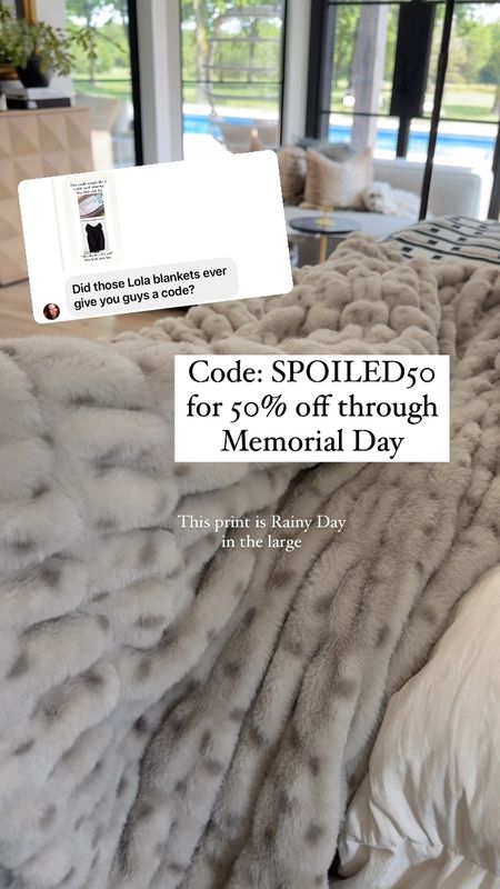 The amazing Lola Blankets are restocked and we have a code for 50% off through Memorial Day! Use SPOILEDHOME50
Mine is a large size 60 x 72 in the rainy day print 

#LTKHome #LTKSaleAlert