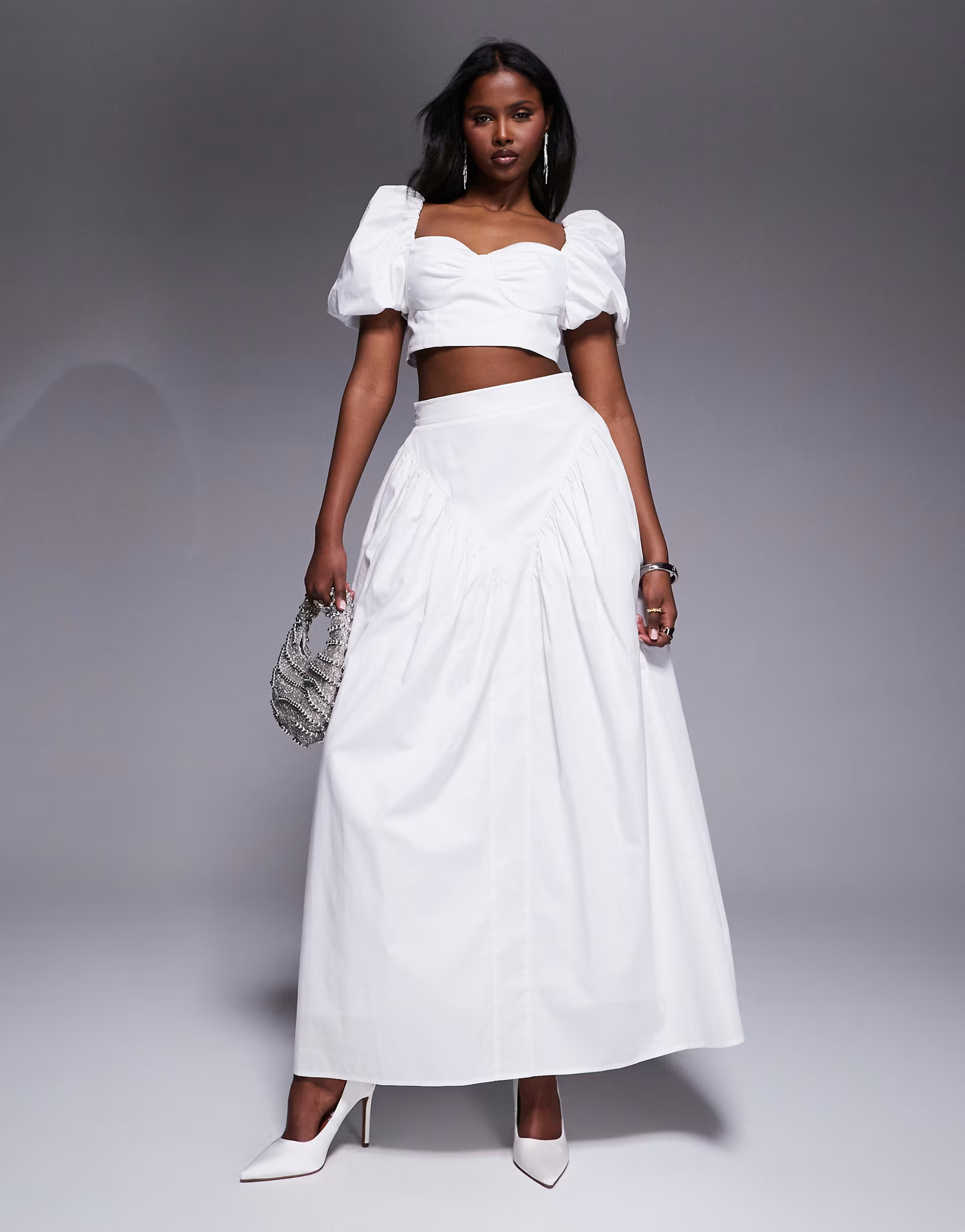 ASOS LUXE cotton sateen puff sleeve top and exaggerated maxi skirt with bow back co-ord in white | ASOS (Global)