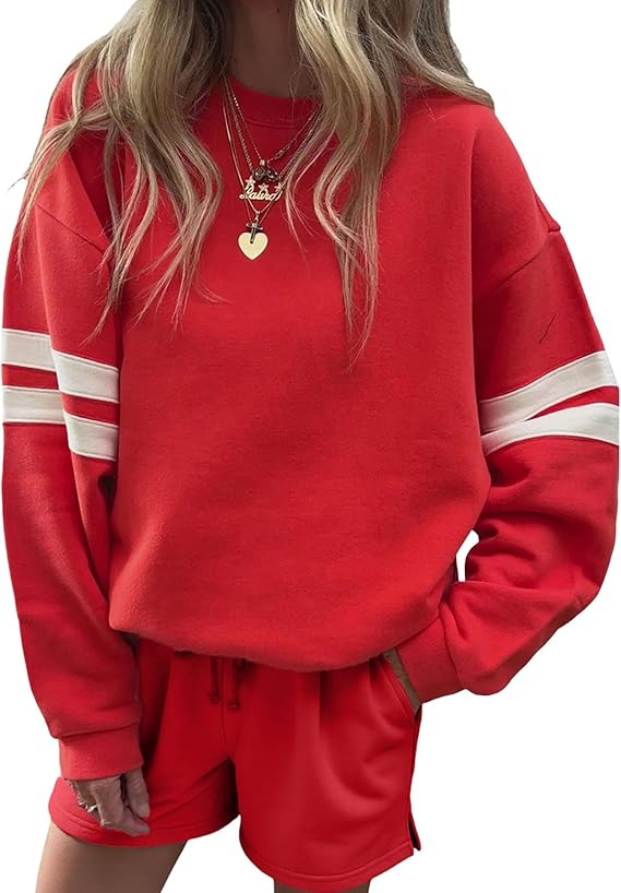 SELINK Women 2 Piece Outfits Sweatsuit Casual Long Sleeve Pullover and Shorts Sets Travel Tracksu... | Amazon (US)