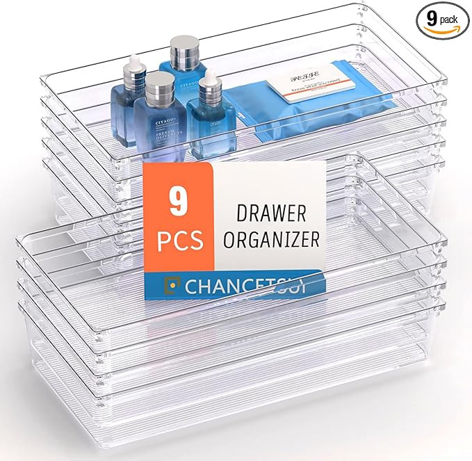 9 Pack Large Clear Plastic Drawer Organizers Set, Desk drwer organizers Bathroom Organizer Vanity... | Amazon (US)