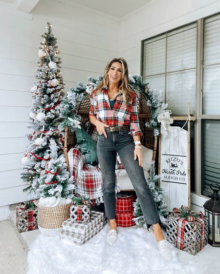 Christmas plaid ladies button down long sleeve shirt blouse, holiday outfits, jeans, mules, Christmas decor 

#LTKstyletip #LTKHoliday #LTKSeasonal