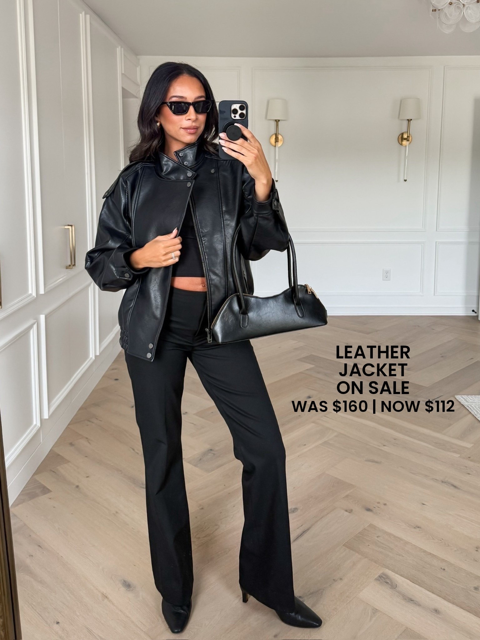 My go-to faux leather jacket from last year is back and ON SALE!! It looks luxe but it's under $125 👏🏽 tons of compliments on this! Wearing size S baby tee, S leather jacket and size 29 long bootcut pants 

fall outfit, fall fashion, leather jacket outfit, date night outfits, dinner outfits, weekend outfits, abercrombie sale, sale alert, fall jacket, closet staples