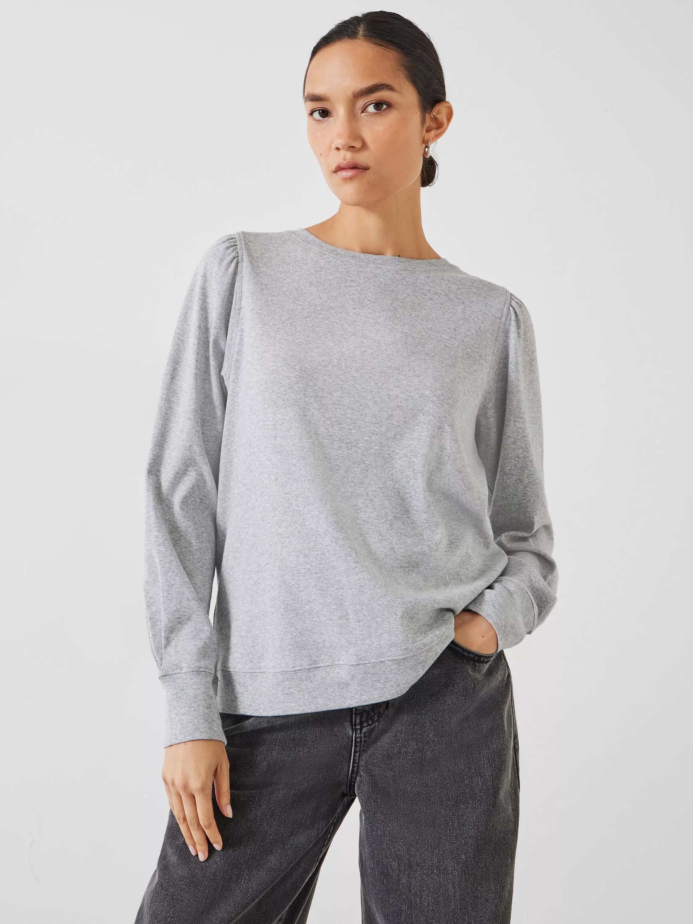 HUSHEmily Puff Sleeve Cotton Jersey Top, Grey Marl | John Lewis (UK)