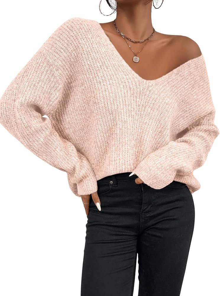 WDIRARA Women's V Neck Sweater Long Sleeve Drop Shoulder Ribbed Knit Oversized Pullovers Tops | Amazon (US)