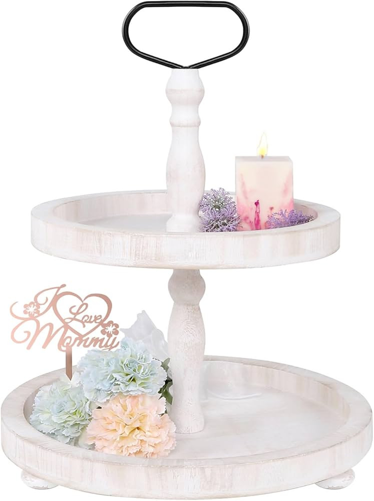 2 Tiered Tray, Rustic Round Farmhouse Style Decorative Tray, Dessert Stand Kitchen Island Decor, ... | Amazon (US)