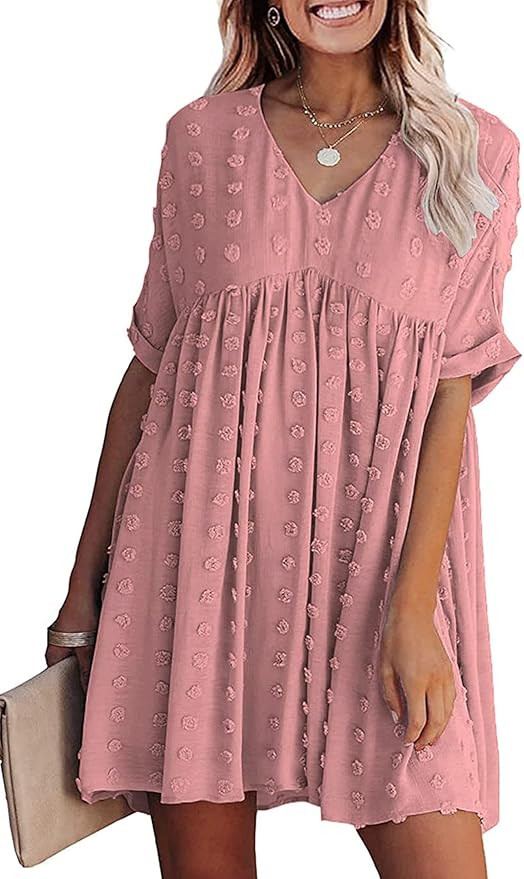 URMOSS Women's Summer Sexy V Neck Short Sleeve Casual Flowy Mini Dress Swiss Dot Loose Fit Plus S... | Amazon (US)